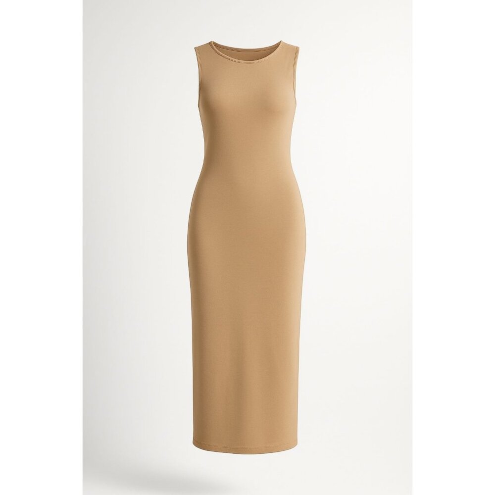 WeWoreWhat Boat Neck Midi Dress Beige Women’s Large Cotton Rib Knit Minimalist